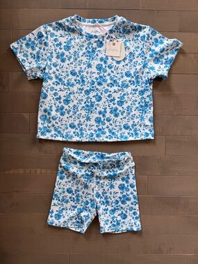 SweetHoney White and Blue Floral Kids Pajama Set - Short Sleeve Top & Shorts